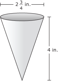 An upside down cone. The base is two and three quarter inches. The height is 4 inches.